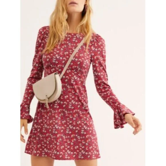 Free People Red Say Hello Floral Mini Dress SZ M Modern Boho - Picture 1 of 14